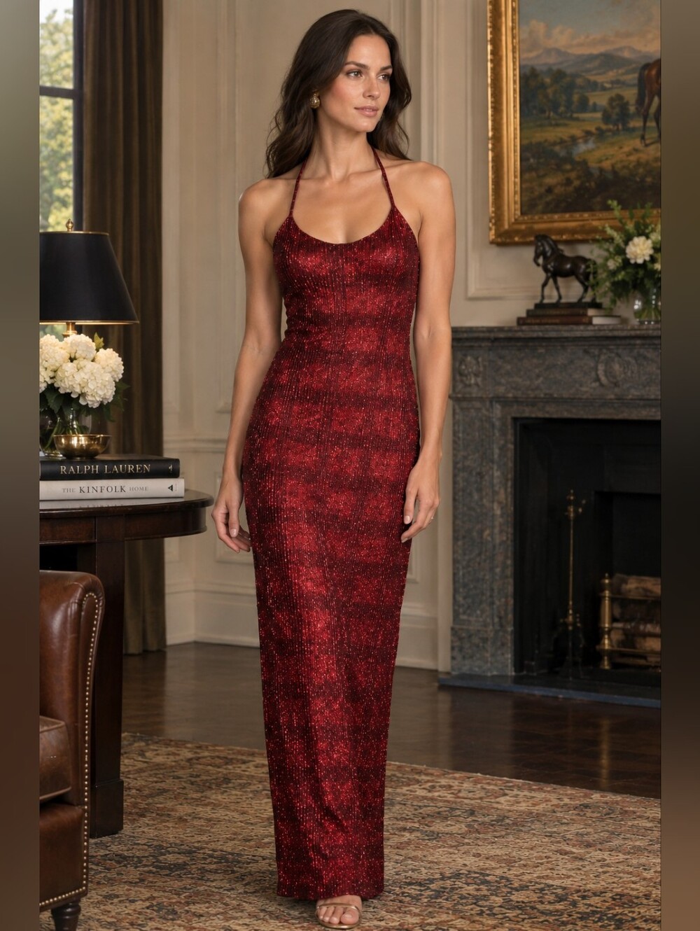 Metallic Red Bodycon Maxi Dress Spaghetti Strap Shimmer Evening Party Y2K